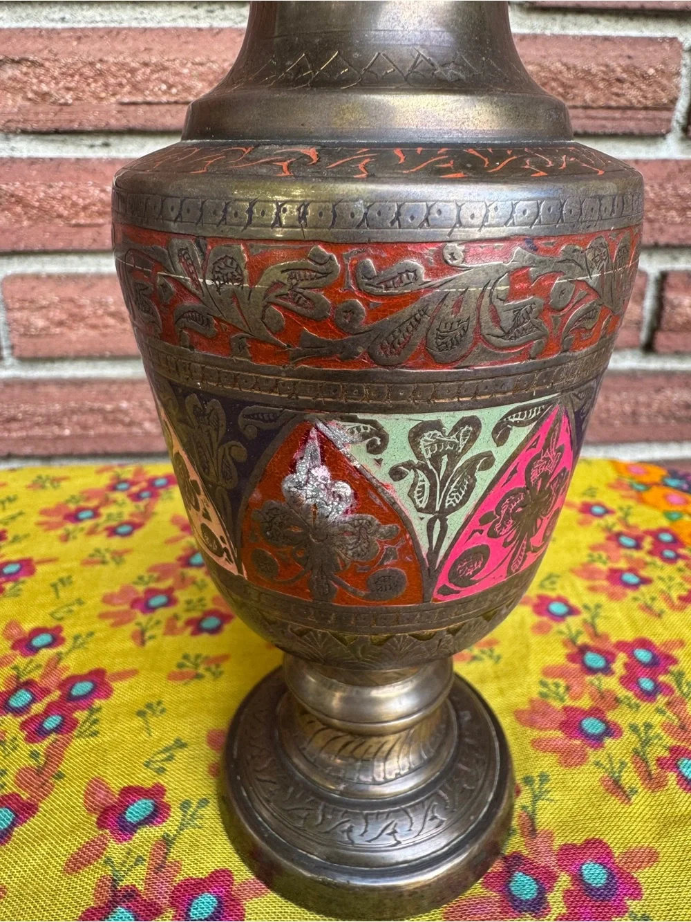 Vintage Brass Aune Vase Engraved Multicolor 8”